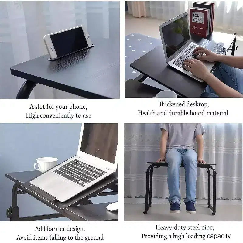 Table de lit à roulettes, hauteur et longueur réglables, chariot d'ordinateur portable et table à manger mobiles robustes pour chambre, hôpital, maison, salon