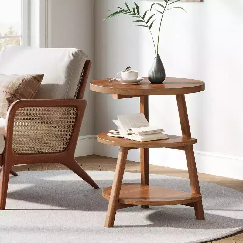 Table d'appoint ronde à 3 niveaux, table de chevet de 50 cm de large, petite table de nuit ronde pour le salon, la chambre à coucher et le canapé, marron
