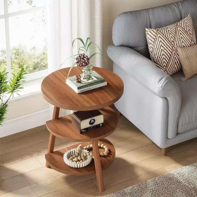 Table d'appoint ronde à 3 niveaux, table de chevet de 50 cm de large, petite table de nuit ronde pour le salon, la chambre à coucher et le canapé, marron