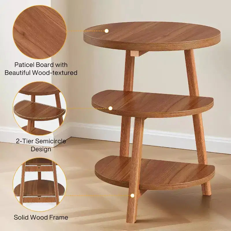Table d'appoint ronde à 3 niveaux, table de chevet de 50 cm de large, petite table de nuit ronde pour le salon, la chambre à coucher et le canapé, marron