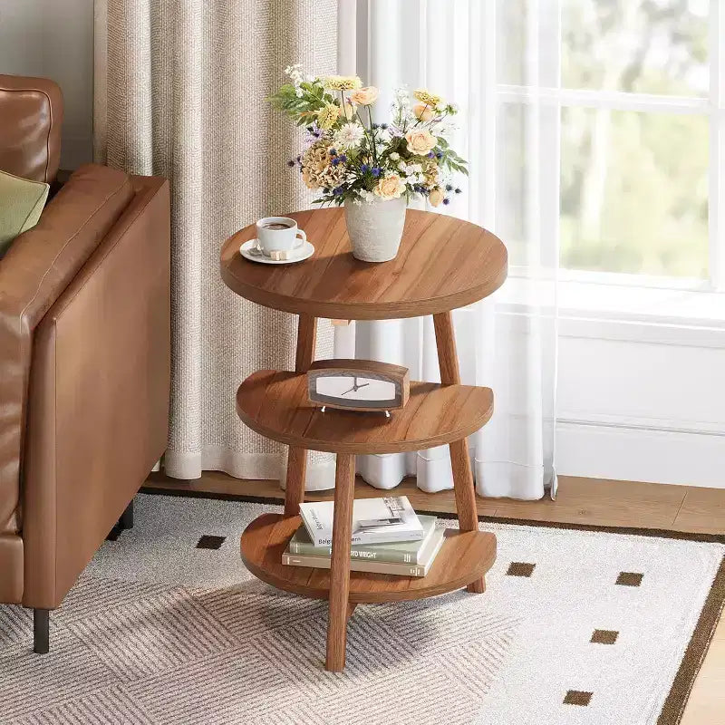 Table d'appoint ronde à 3 niveaux, table de chevet de 50 cm de large, petite table de nuit ronde pour le salon, la chambre à coucher et le canapé, marron