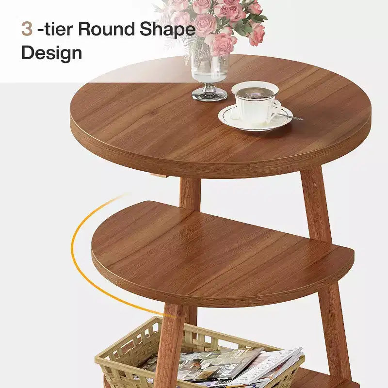 Table d'appoint ronde à 3 niveaux, table de chevet de 50 cm de large, petite table de nuit ronde pour le salon, la chambre à coucher et le canapé, marron