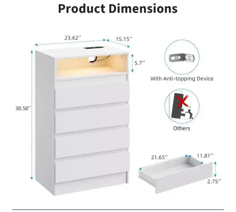 Commode à 4 tiroirs avec lumière LED et station de recharge, commode moderne blanche, armoire de rangement utilitaire pour chambre et salon