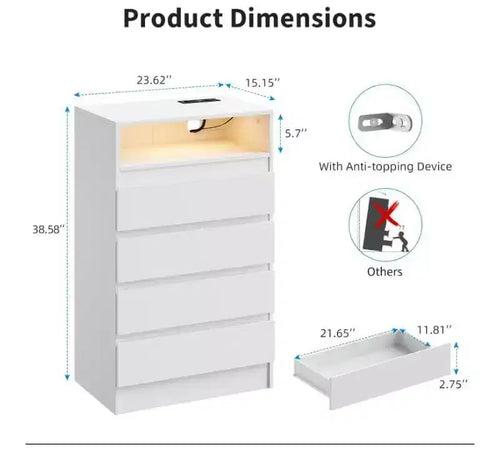 Commode à 4 tiroirs avec lumière LED et station de recharge, commode moderne blanche, armoire de rangement utilitaire pour chambre et salon
