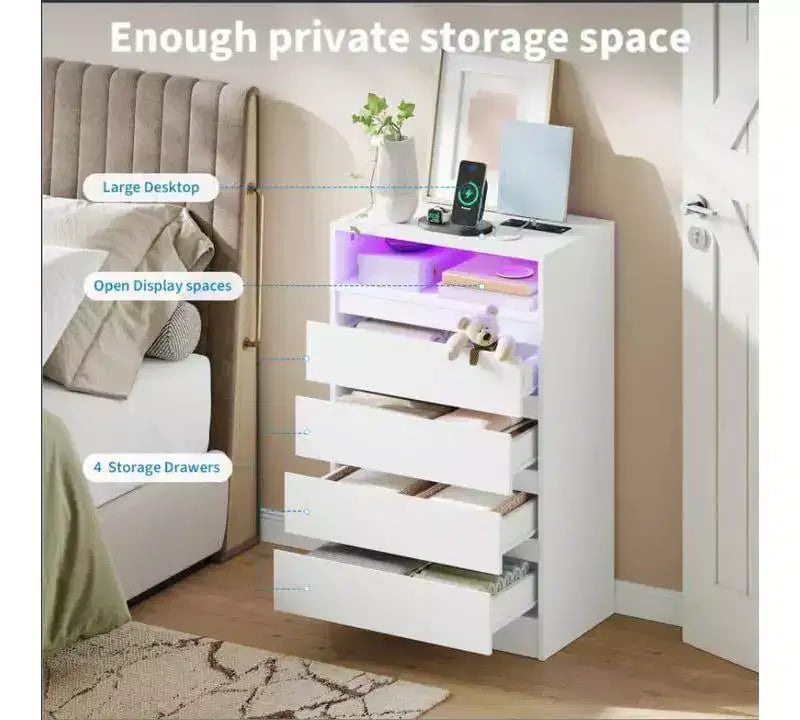 Commode à 4 tiroirs avec lumière LED et station de recharge, commode moderne blanche, armoire de rangement utilitaire pour chambre et salon