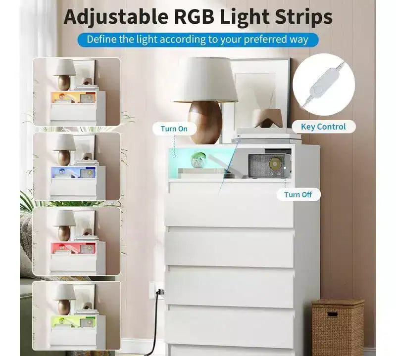 Commode à 4 tiroirs avec lumière LED et station de recharge, commode moderne blanche, armoire de rangement utilitaire pour chambre et salon