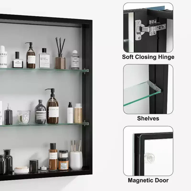 Armoire à pharmacie rectangulaire moderne 26 x 20 po, miroir mural encadré en métal avec rangement, noir