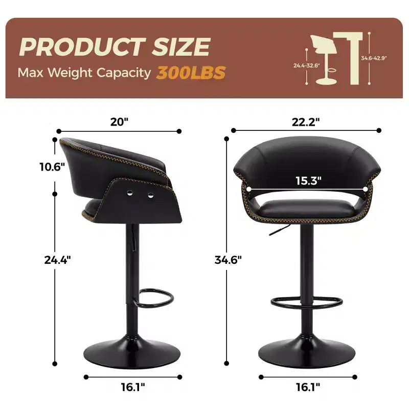 Lot de 4 tabourets de bar, chaises de bar pivotantes réglables modernes, hauteur réglable en similicuir pour salon, noir