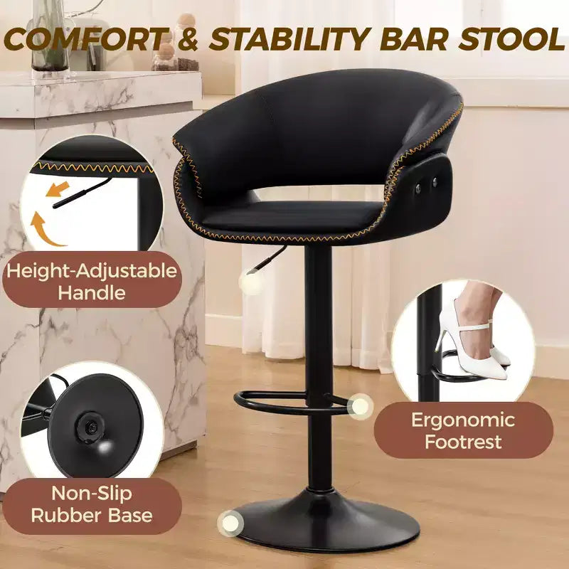 Lot de 4 tabourets de bar, chaises de bar pivotantes réglables modernes, hauteur réglable en similicuir pour salon, noir