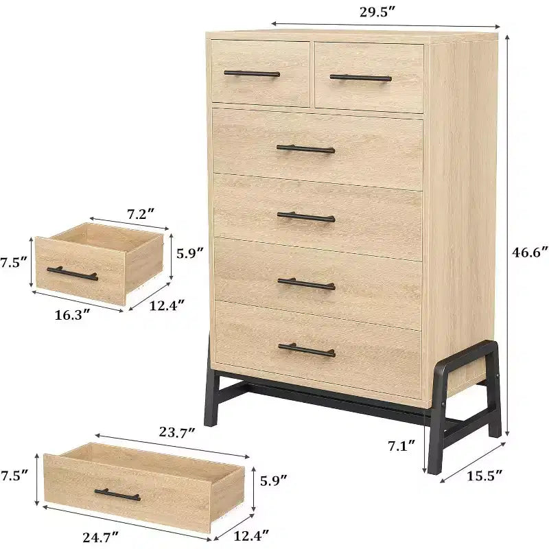 Commode haute de 46,6 po avec 4+2 tiroirs – Rangement compatible avec les robots aspirateurs, finition Chêne Naturel pour Chambre et Entrée