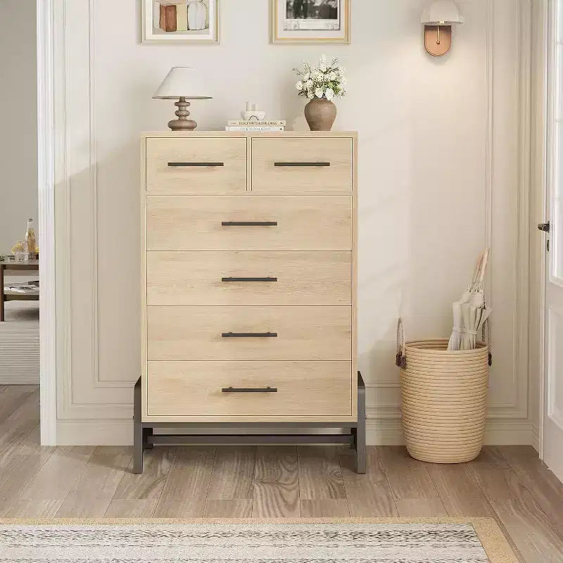 Commode haute de 46,6 po avec 4+2 tiroirs – Rangement compatible avec les robots aspirateurs, finition Chêne Naturel pour Chambre et Entrée