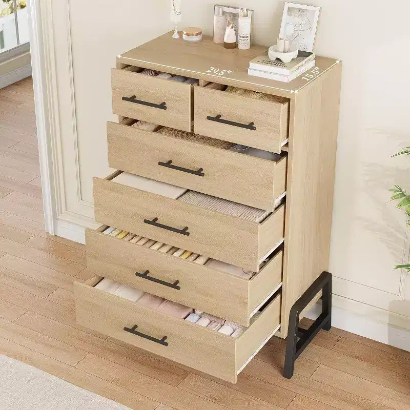 Commode haute de 46,6 po avec 4+2 tiroirs – Rangement compatible avec les robots aspirateurs, finition Chêne Naturel pour Chambre et Entrée