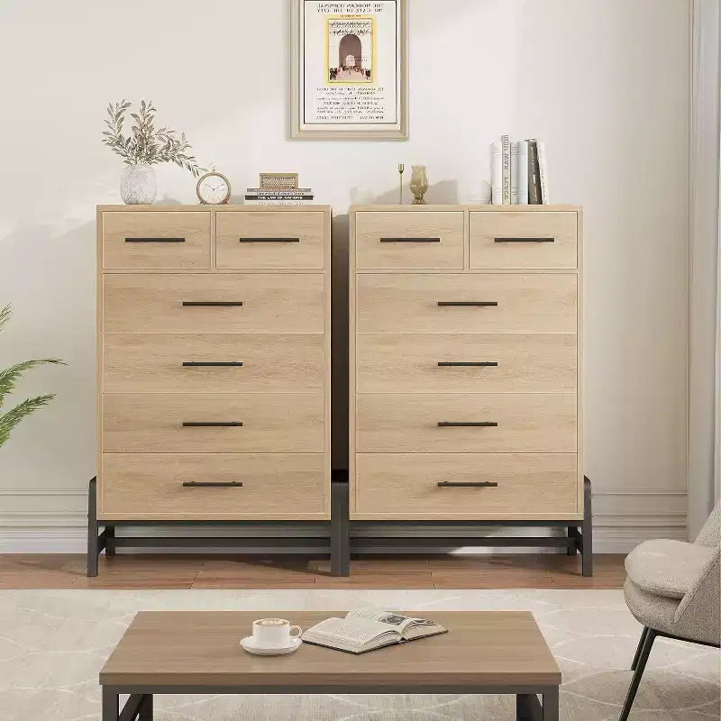 Commode haute de 46,6 po avec 4+2 tiroirs – Rangement compatible avec les robots aspirateurs, finition Chêne Naturel pour Chambre et Entrée
