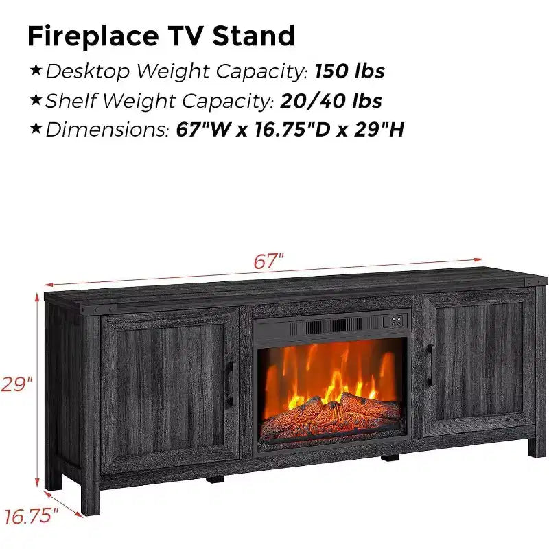 Meuble TV 67 po avec centre de divertissement – Convient aux téléviseurs jusqu'à 65 po, meuble de rangement à 2 portes avec cheminée électrique 23 po avec chauffage et télécommande, gris foncé