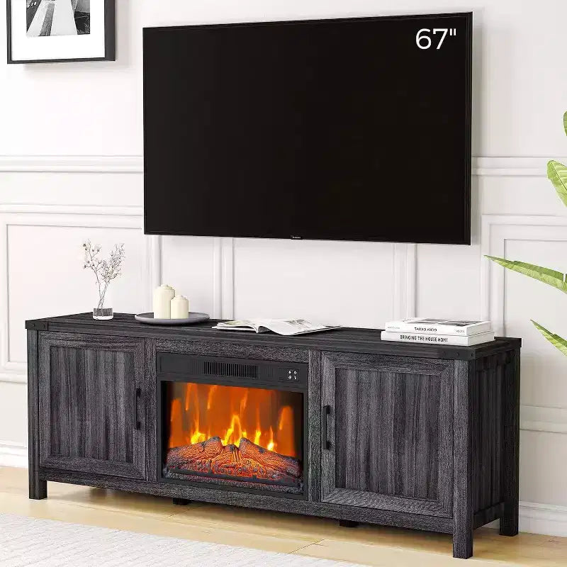 Meuble TV 67 po avec centre de divertissement – Convient aux téléviseurs jusqu'à 65 po, meuble de rangement à 2 portes avec cheminée électrique 23 po avec chauffage et télécommande, gris foncé
