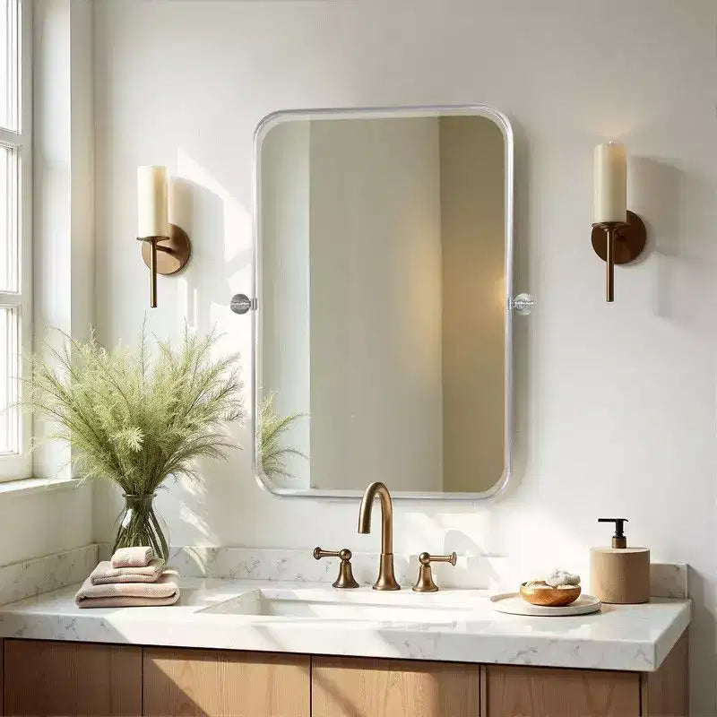 Miroir mural pivotant rectangulaire en fer 36 x 24, inclinable argenté pour salle de bain, miroir de courtoisie à cadre métallique réglable, bidirectionnel pour chambre à coucher ou salon