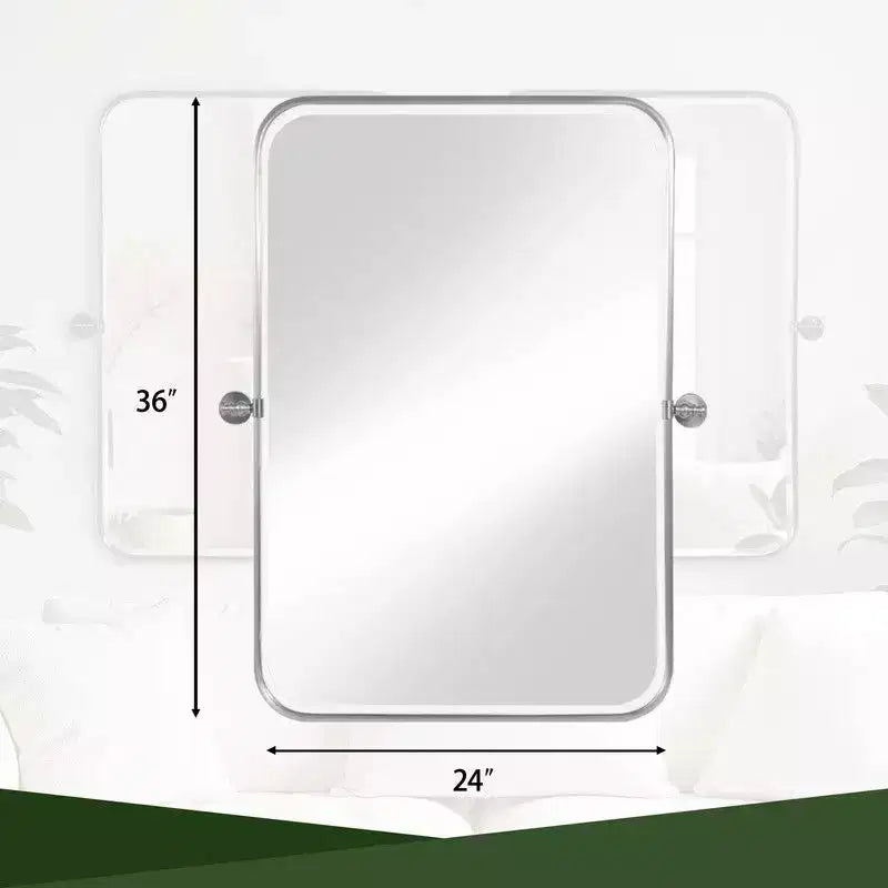 Miroir mural pivotant rectangulaire en fer 36 x 24, inclinable argenté pour salle de bain, miroir de courtoisie à cadre métallique réglable, bidirectionnel pour chambre à coucher ou salon