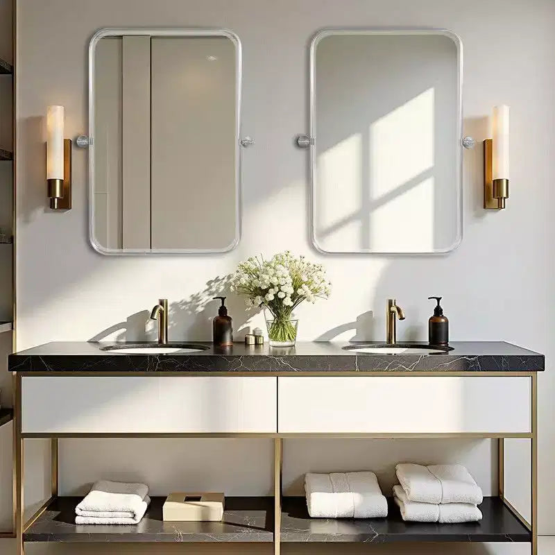 Miroir mural pivotant rectangulaire en fer 36 x 24, inclinable argenté pour salle de bain, miroir de courtoisie à cadre métallique réglable, bidirectionnel pour chambre à coucher ou salon