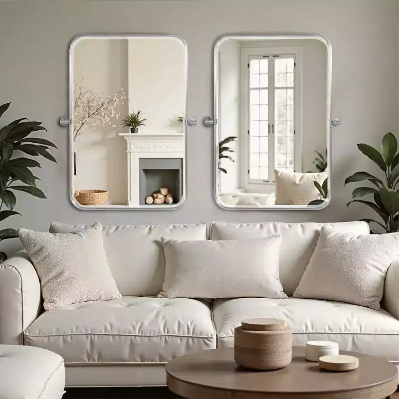 Miroir mural pivotant rectangulaire en fer 36 x 24, inclinable argenté pour salle de bain, miroir de courtoisie à cadre métallique réglable, bidirectionnel pour chambre à coucher ou salon