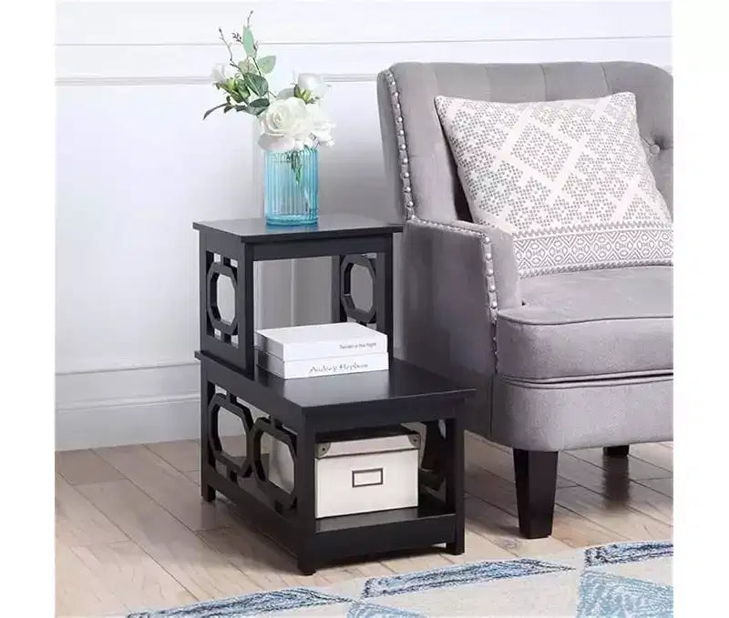 Table d'appoint à 2 niveaux avec design contemporain en L, étagères de rangement à trois niveaux pour le salon ou le bureau à domicile