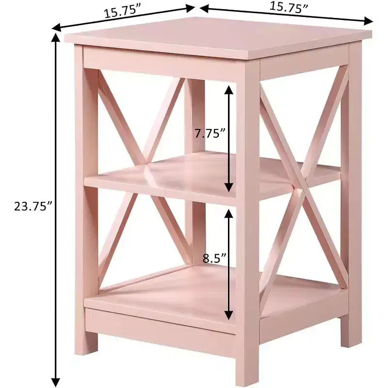 Table d'appoint avec trois étagères ouvertes spacieuses et des panneaux décoratifs en forme de X, une table d'appoint de rangement élégante pour la décoration du salon