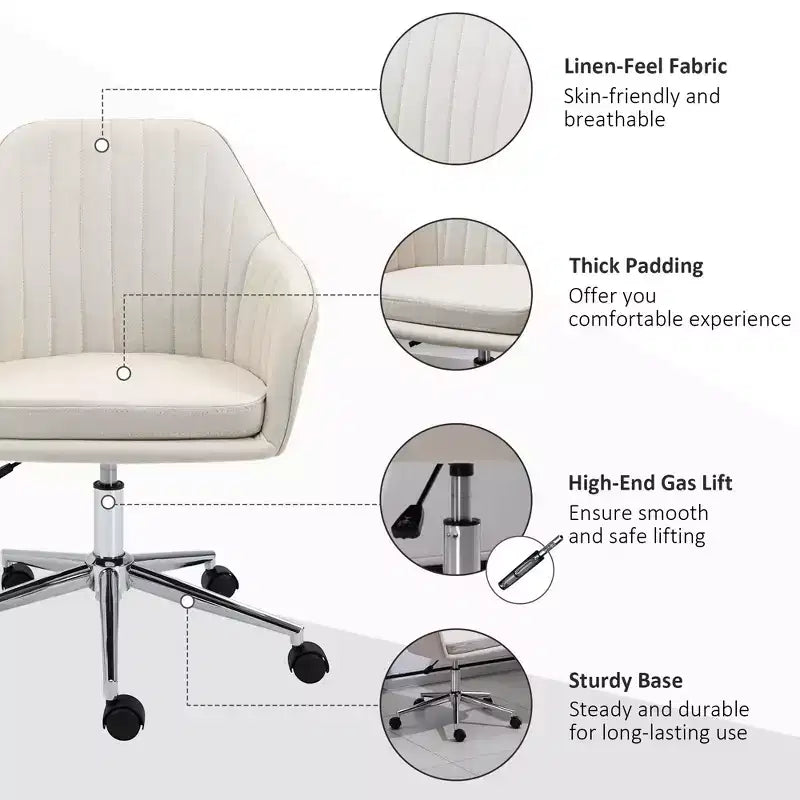 Chaise de bureau mi-hauteur, Chaise de bureau réglable en hauteur, Chaise rembourrée confortable pour salon, bureau, étude, Beige