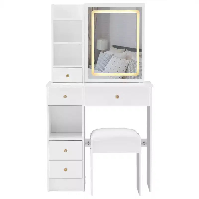 Coiffeuse avec miroir lumineux et tiroirs de rangement pour chambre ou dressing, Blanc