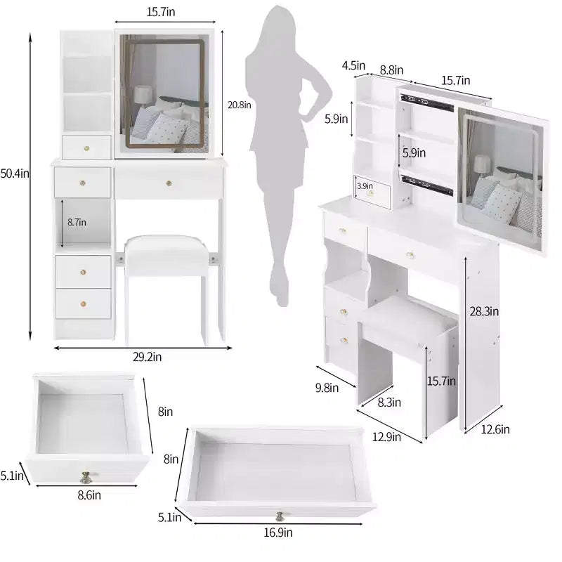 Coiffeuse avec miroir lumineux et tiroirs de rangement pour chambre ou dressing, Blanc