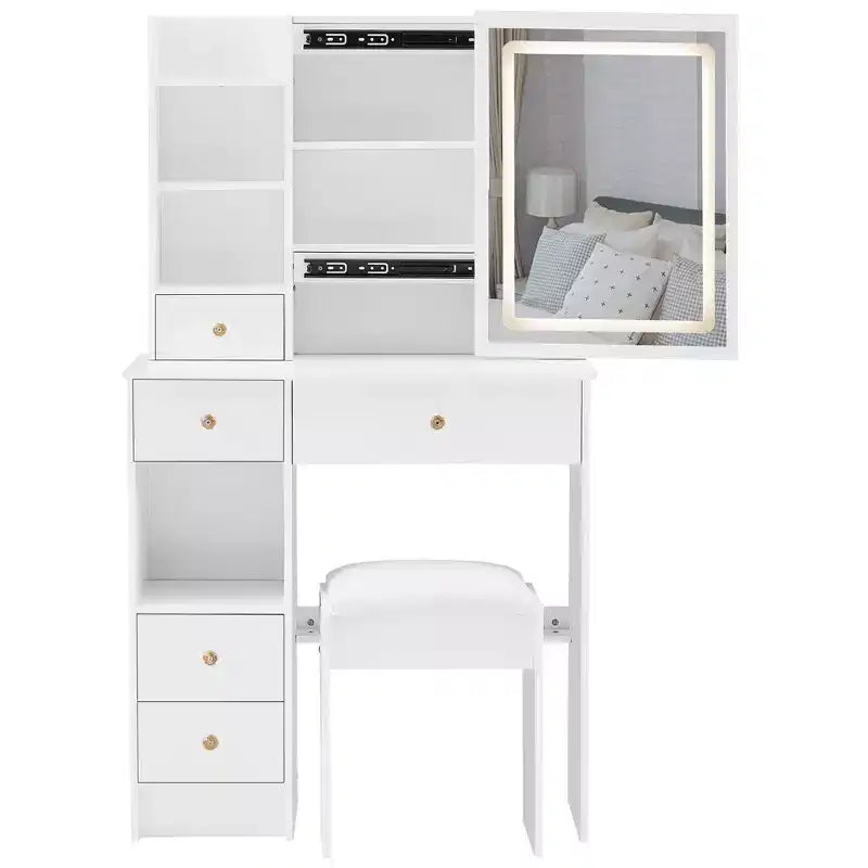 Coiffeuse avec miroir lumineux et tiroirs de rangement pour chambre ou dressing, Blanc