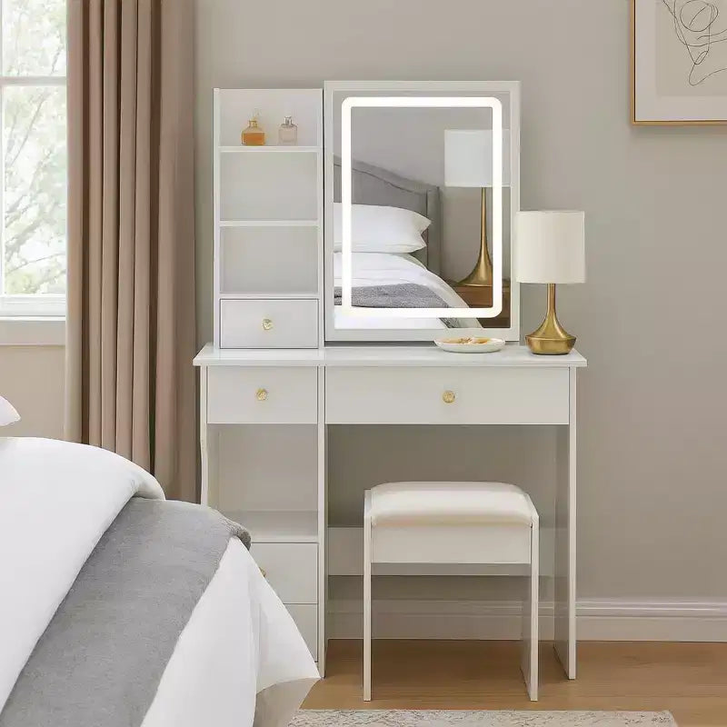 Coiffeuse avec miroir lumineux et tiroirs de rangement pour chambre ou dressing, Blanc