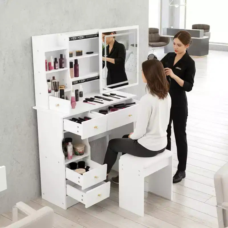 Coiffeuse avec miroir lumineux et tiroirs de rangement pour chambre ou dressing, Blanc