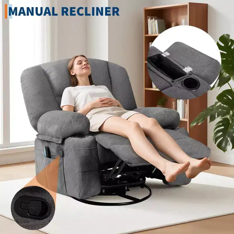 Fauteuils inclinables à bascule, fauteuil inclinable de massage avec vibration et chaleur, fauteuil inclinable à bascule pivotant à 360° avec poches latérales et porte-gobelets