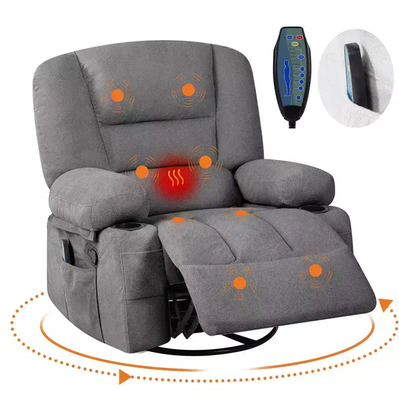 Fauteuils inclinables à bascule, fauteuil inclinable de massage avec vibration et chaleur, fauteuil inclinable à bascule pivotant à 360° avec poches latérales et porte-gobelets