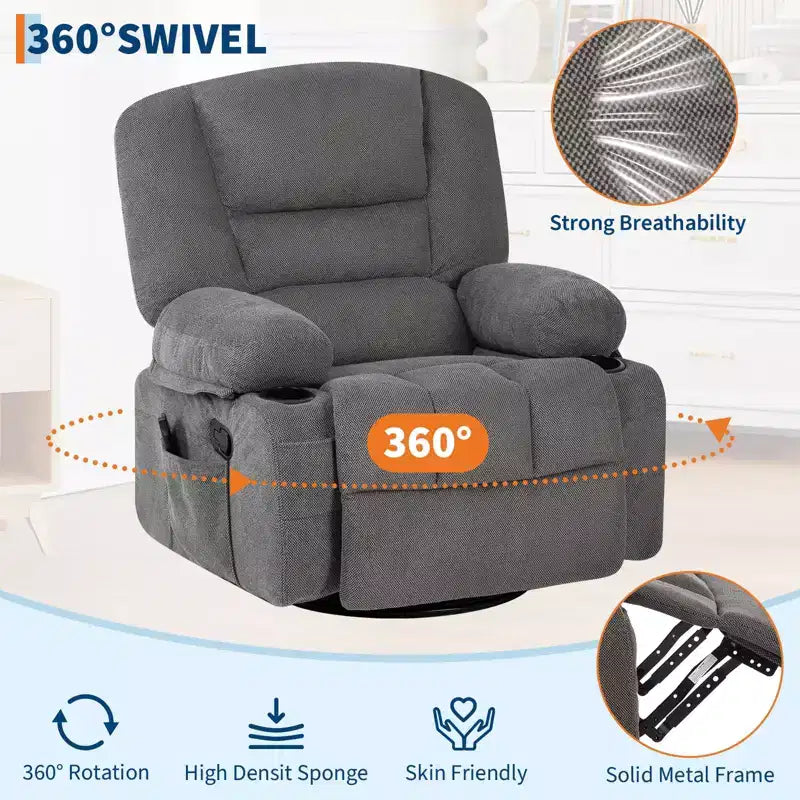 Fauteuils inclinables à bascule, fauteuil inclinable de massage avec vibration et chaleur, fauteuil inclinable à bascule pivotant à 360° avec poches latérales et porte-gobelets