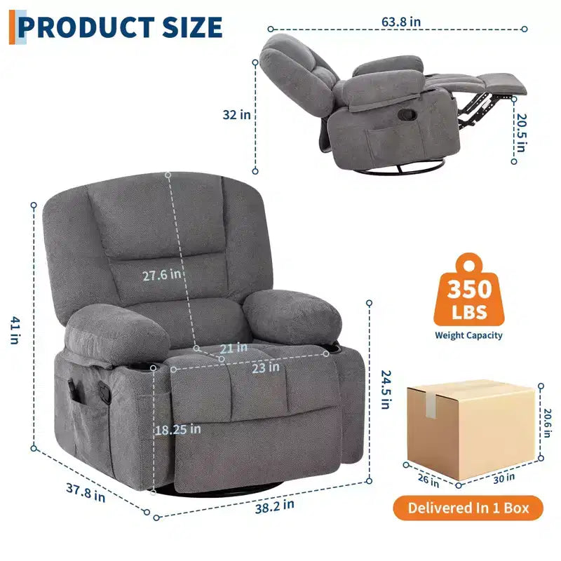 Fauteuils inclinables à bascule, fauteuil inclinable de massage avec vibration et chaleur, fauteuil inclinable à bascule pivotant à 360° avec poches latérales et porte-gobelets