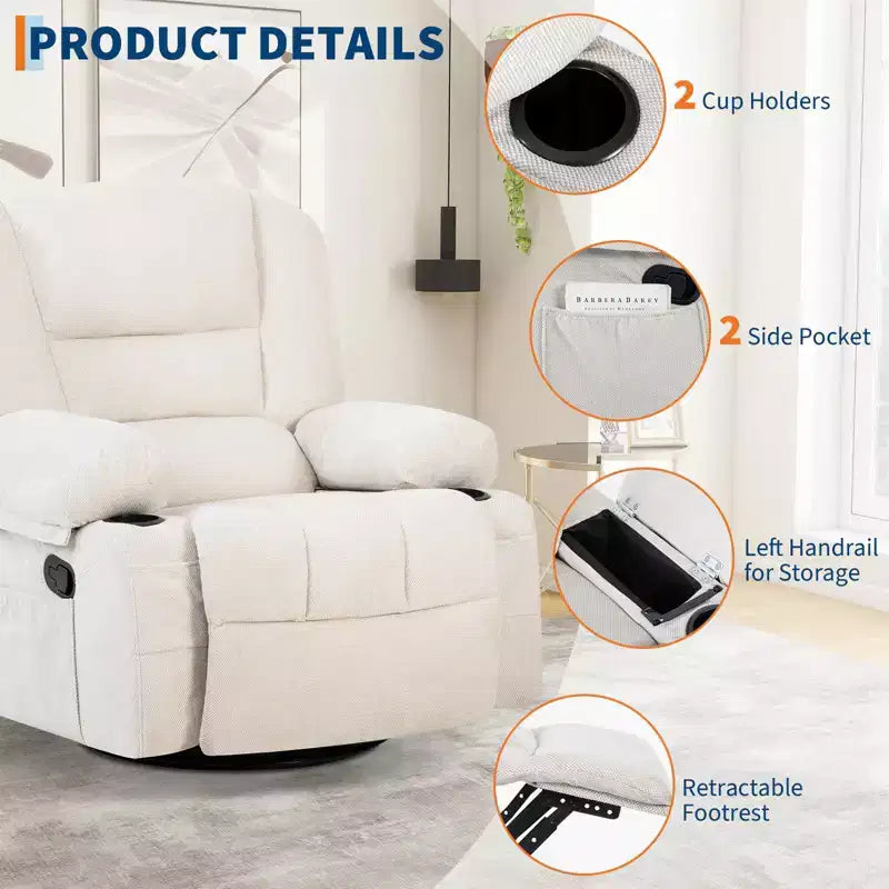 Fauteuils inclinables à bascule, fauteuil inclinable de massage avec vibration et chaleur, fauteuil inclinable à bascule pivotant à 360° avec poches latérales et porte-gobelets