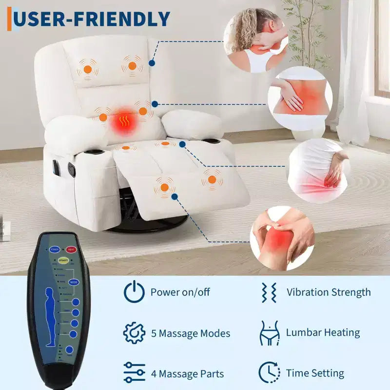 Fauteuils inclinables à bascule, fauteuil inclinable de massage avec vibration et chaleur, fauteuil inclinable à bascule pivotant à 360° avec poches latérales et porte-gobelets