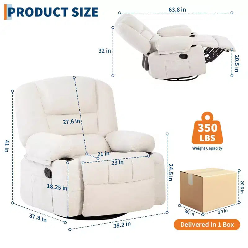 Fauteuils inclinables à bascule, fauteuil inclinable de massage avec vibration et chaleur, fauteuil inclinable à bascule pivotant à 360° avec poches latérales et porte-gobelets
