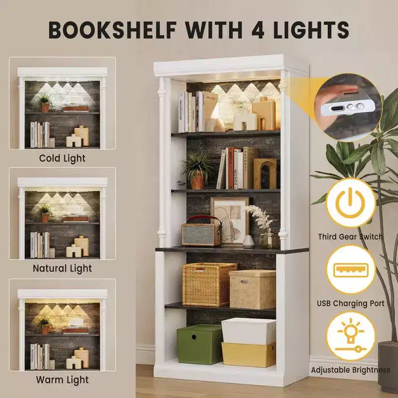 Étagère avec tablettes réglables, meuble de rangement à 5 niveaux avec éclairage LED, vitrine autoportante pour objets de collection, chambre à coucher, salon