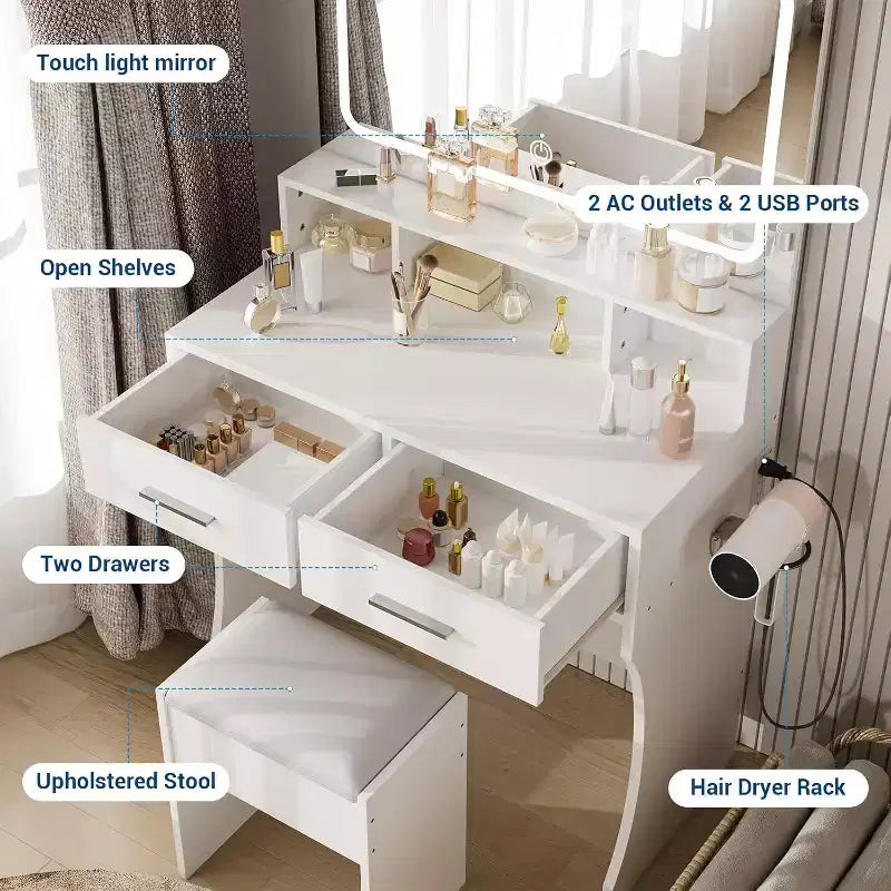 Coiffeuse avec miroir et lumières, table de maquillage pour filles avec tiroirs, étagères ouvertes et tabouret rembourré, coiffeuse en bois pour chambre à coucher