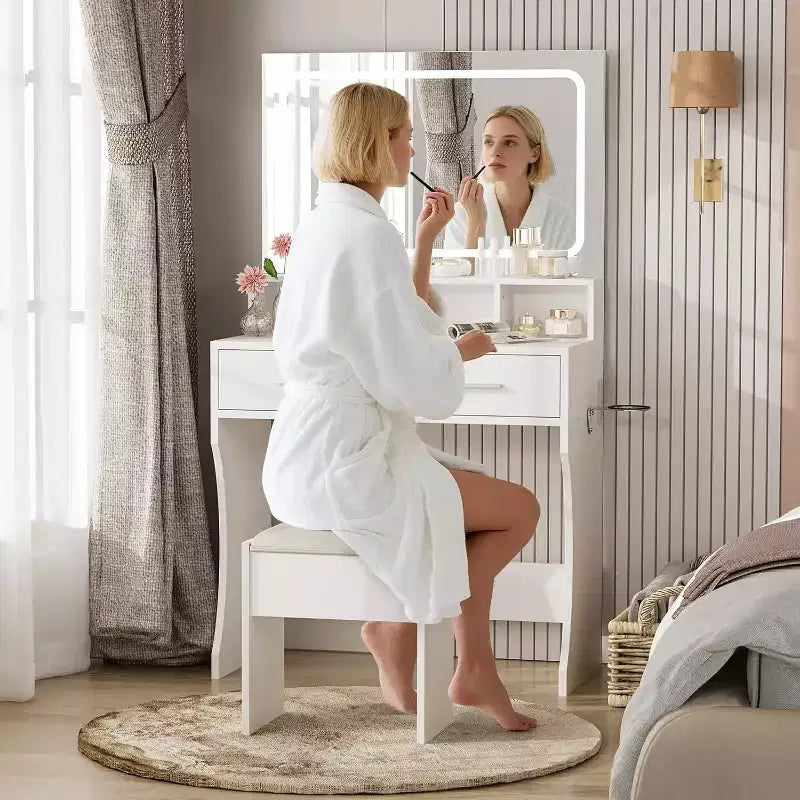 Coiffeuse avec miroir et lumières, table de maquillage pour filles avec tiroirs, étagères ouvertes et tabouret rembourré, coiffeuse en bois pour chambre à coucher