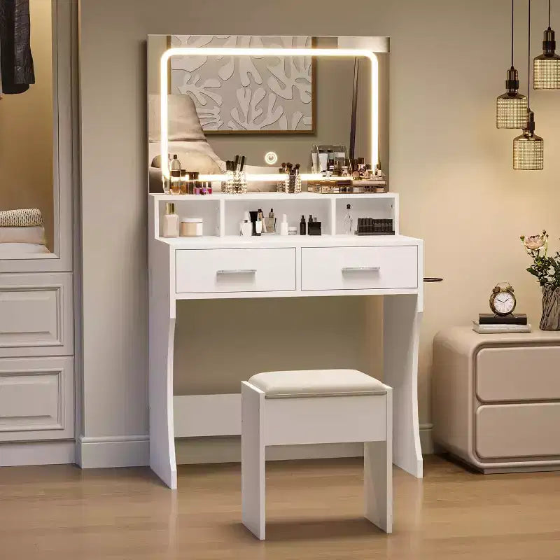 Coiffeuse avec miroir et lumières, table de maquillage pour filles avec tiroirs, étagères ouvertes et tabouret rembourré, coiffeuse en bois pour chambre à coucher