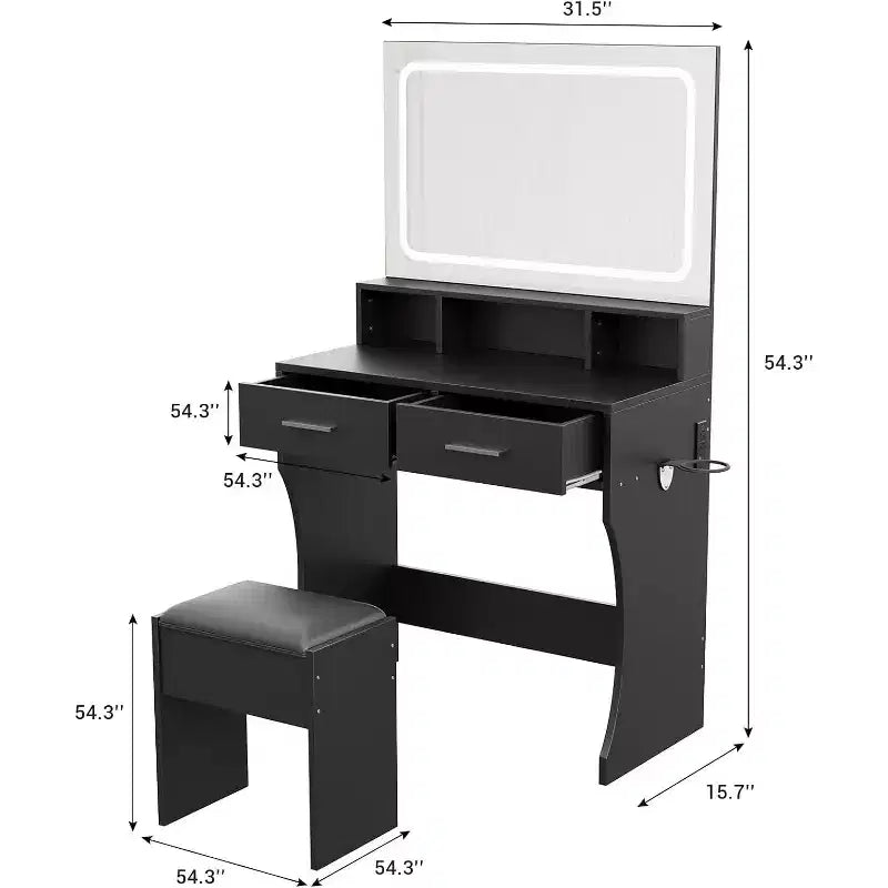 Coiffeuse avec miroir et lumières, table de maquillage pour filles avec tiroirs, étagères ouvertes et tabouret rembourré, coiffeuse en bois pour chambre à coucher