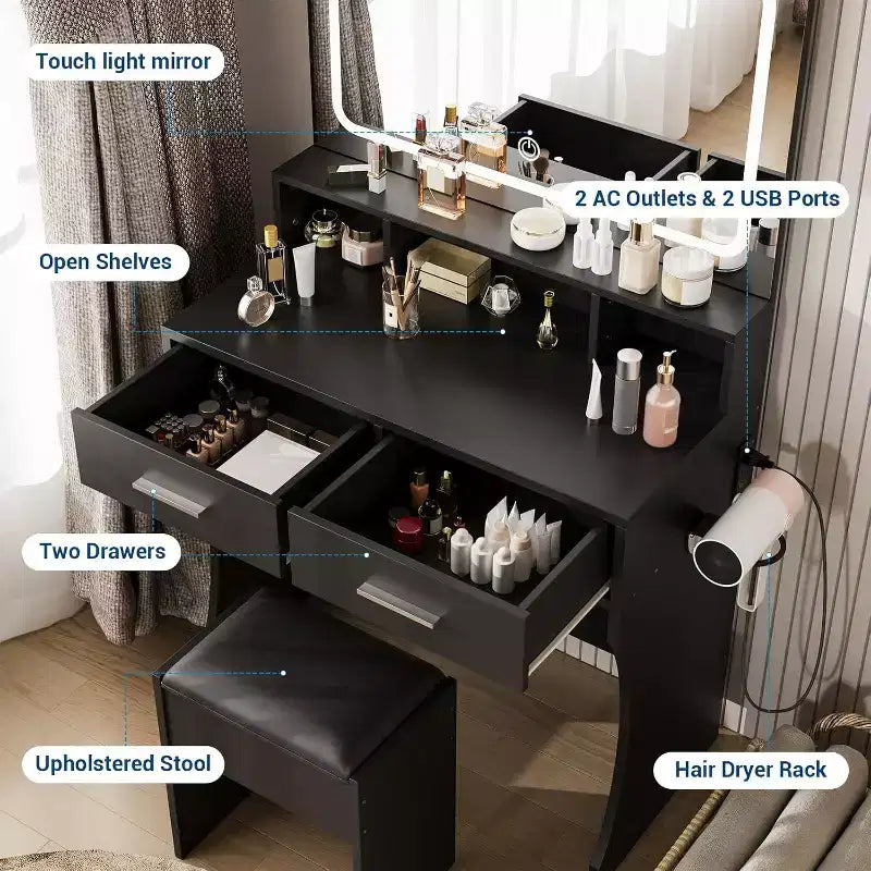 Coiffeuse avec miroir et lumières, table de maquillage pour filles avec tiroirs, étagères ouvertes et tabouret rembourré, coiffeuse en bois pour chambre à coucher