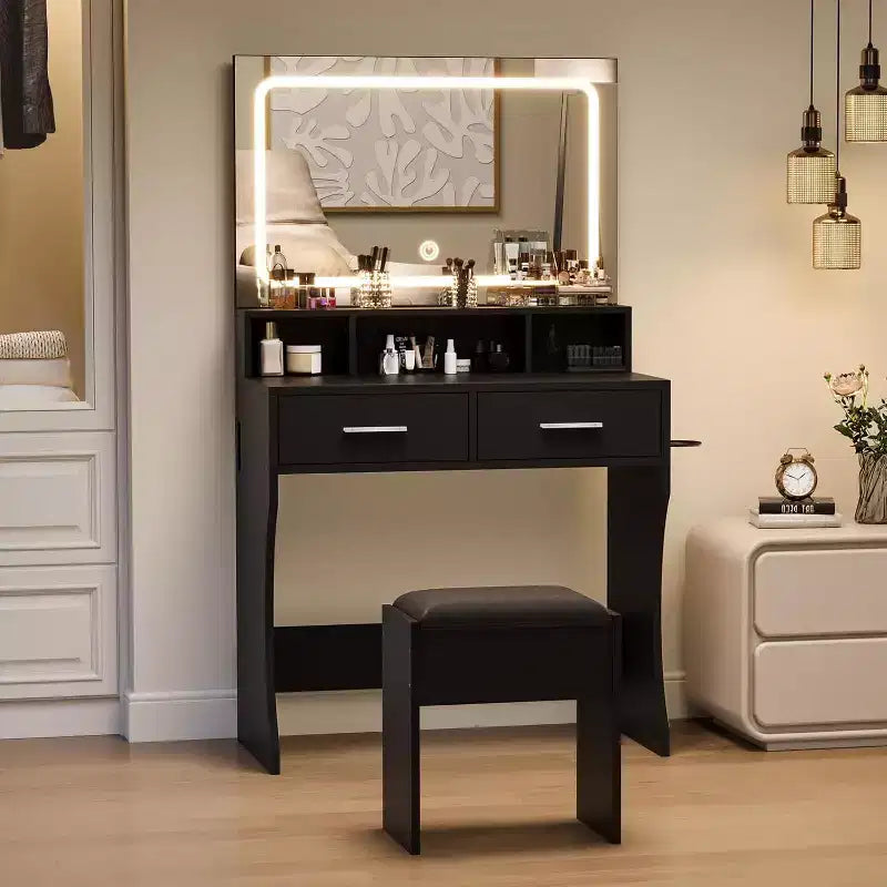 Coiffeuse avec miroir et lumières, table de maquillage pour filles avec tiroirs, étagères ouvertes et tabouret rembourré, coiffeuse en bois pour chambre à coucher