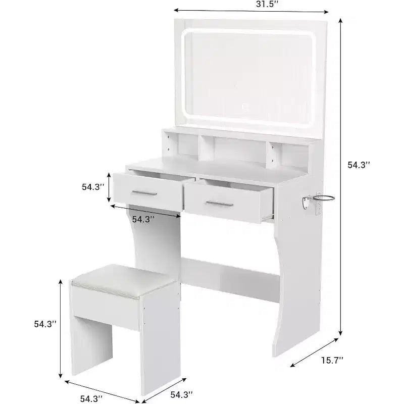 Coiffeuse avec miroir et lumières, table de maquillage pour filles avec tiroirs, étagères ouvertes et tabouret rembourré, coiffeuse en bois pour chambre à coucher