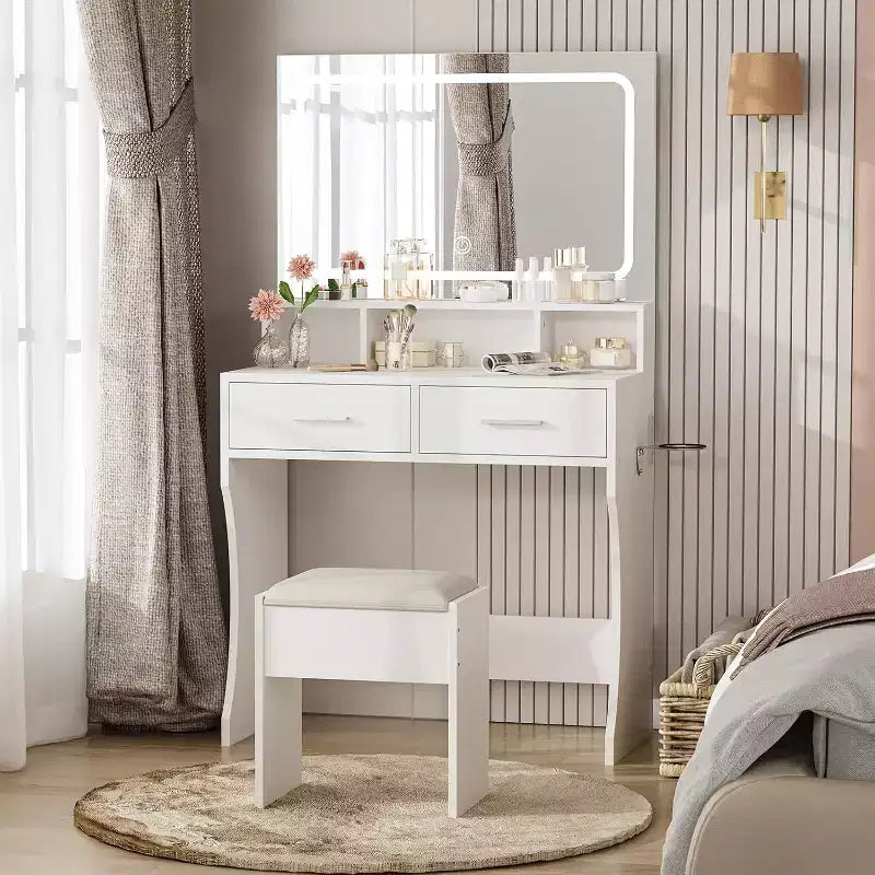 Coiffeuse avec miroir et lumières, table de maquillage pour filles avec tiroirs, étagères ouvertes et tabouret rembourré, coiffeuse en bois pour chambre à coucher