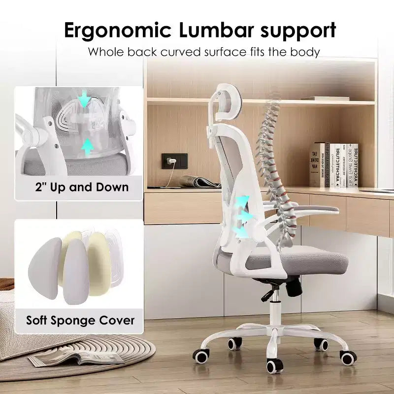 Fauteuil de bureau à roulettes, Chaise de bureau avec accoudoirs relevables, Appuie-tête et support lombaire réglables pour bureau, étude, salle de lecture