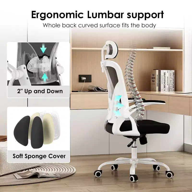 Fauteuil de bureau à roulettes, Chaise de bureau avec accoudoirs relevables, Appuie-tête et support lombaire réglables pour bureau, étude, salle de lecture