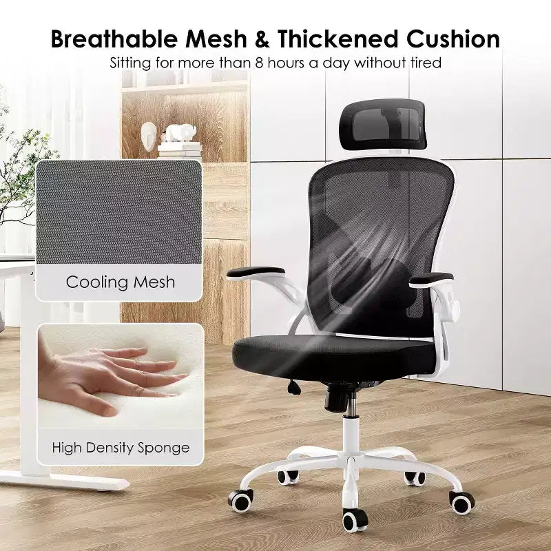 Fauteuil de bureau à roulettes, Chaise de bureau avec accoudoirs relevables, Appuie-tête et support lombaire réglables pour bureau, étude, salle de lecture